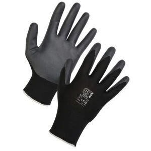 Black polyurethane coated work gloves with grey palm pair