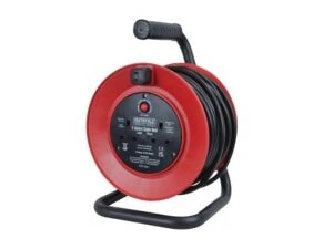 Red 25m cable reel with black extension lead and handle