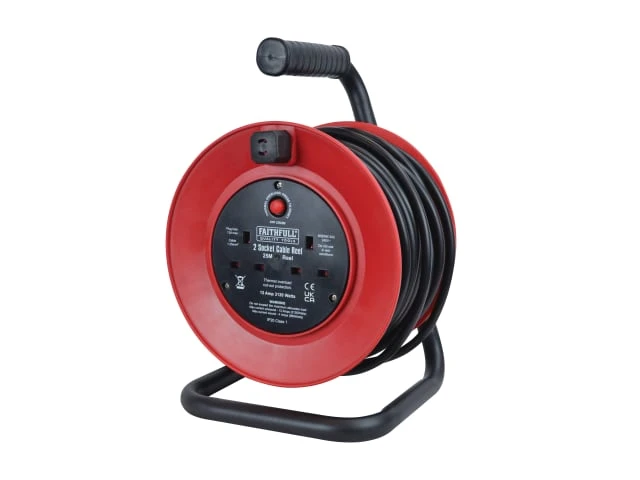25m Extension Cable Reel Red 25m cable reel with black extension lead and handle