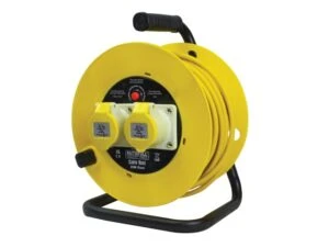 Yellow 110V cable reel with twin sockets and 25m lead