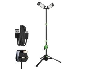 Dual-head LED work light on tripod stand with USB cable