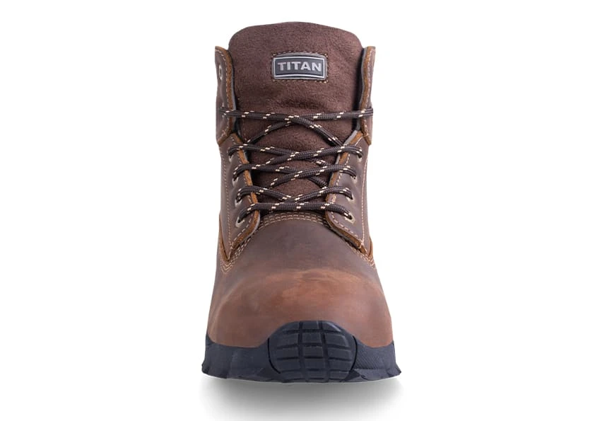 Titan Jaguar brown safety boot front view showing toe cap