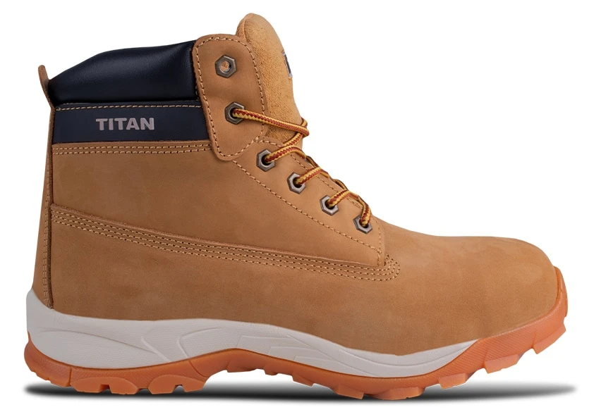 Titan Jaguar honey nubuck safety boot with orange sole, side view