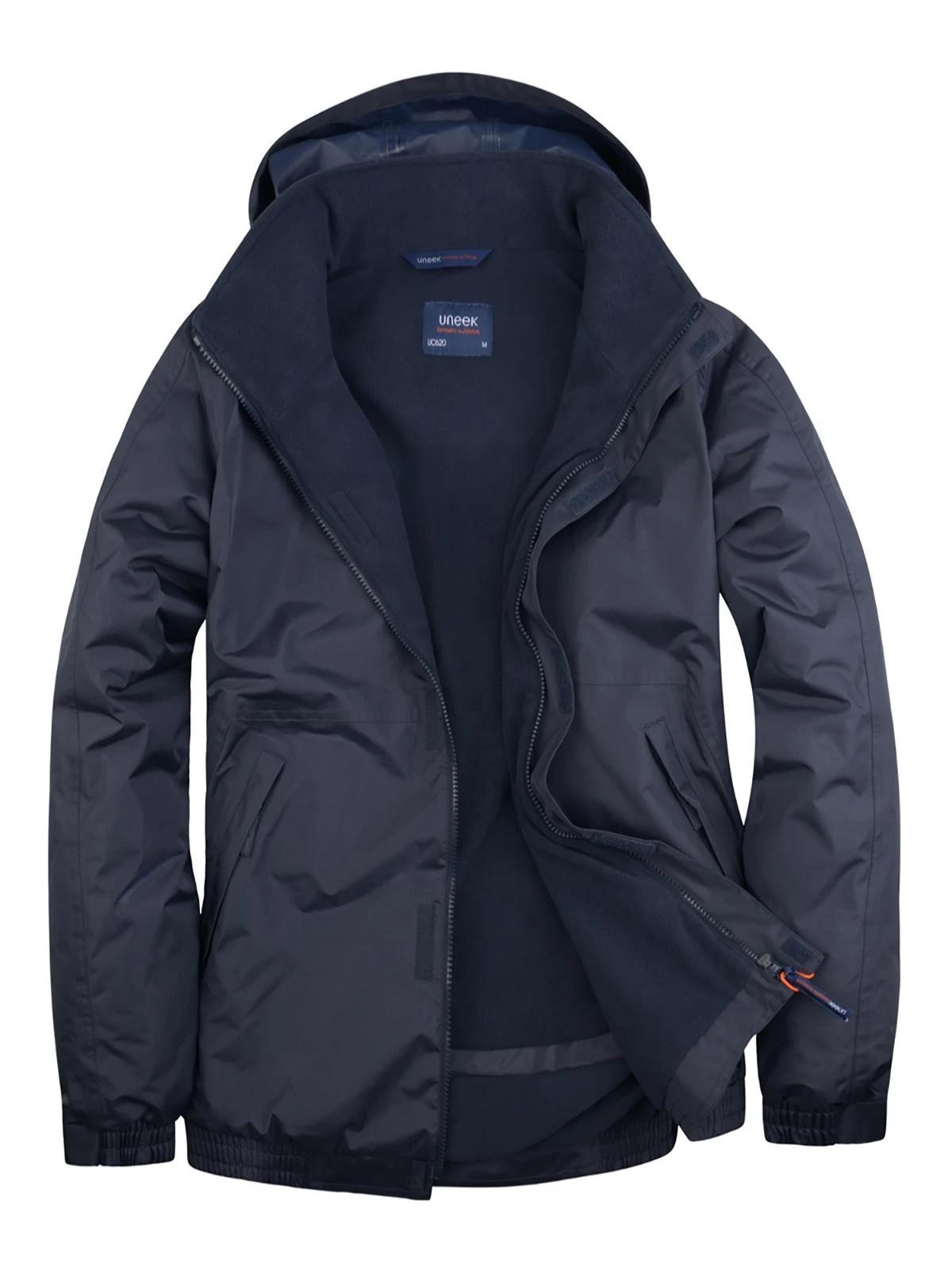 UC620 navy hooded outdoor jacket with fleece lining, open front