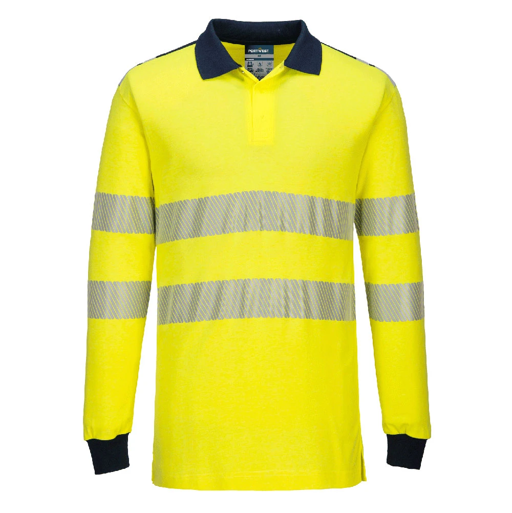 PW3 Modaflame Knit Hi-Vis FR Long Sleeve Polo Shirt Yellow/Navy