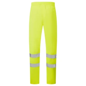 Yellow hi-vis overtrousers with knee-band reflective strips front view