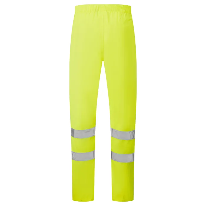 Hi-Vis Yellow Overtrousers Yellow hi-vis overtrousers with knee-band reflective strips front view