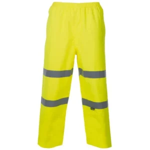Yellow hi-vis waterproof trousers with two reflective bands