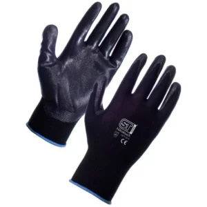 Black nitrile coated work gloves with blue cuff pair