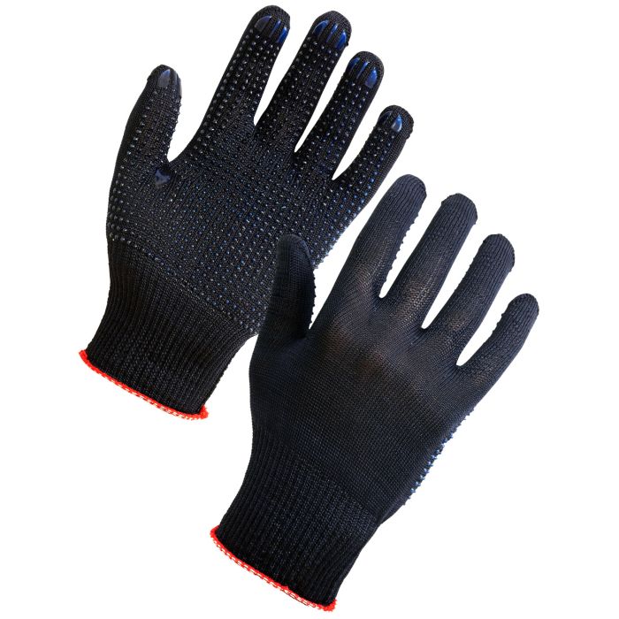 Black Assembly Grip Gloves Black knit assembly gloves with dotted grip and red trim