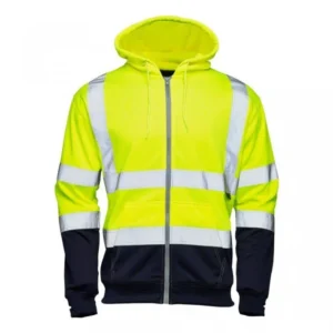 Yellow and navy hi-vis zip-thru hoodie with reflective tape