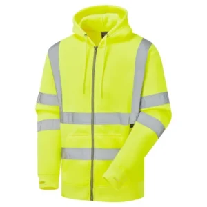 Yellow hi-vis zip-up hoodie with reflective bands, front view