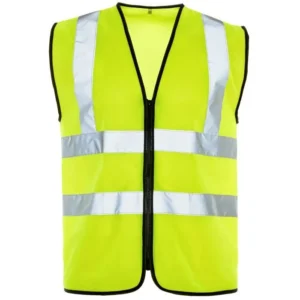 Yellow high visibility safety vest with reflective bands, front zip