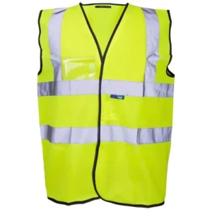 Yellow hi-vis vest with chest pocket and reflective strips, front view