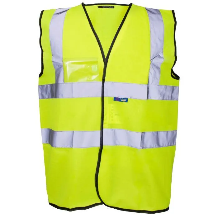 Hi-Vis Vest with Pocket Yellow hi-vis vest with chest pocket and reflective strips, front view