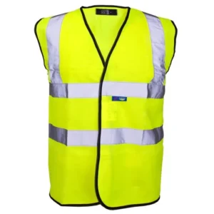Yellow high visibility safety vest with reflective bands and zip closure