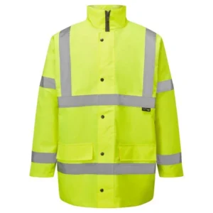 High-visibility yellow parka jacket with reflective chest and arm bands