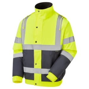 Two-tone hi-vis bomber jacket in yellow and blue with reflective bands