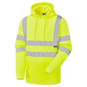 Yellow hi-vis pullover hoodie with reflective tape, front view