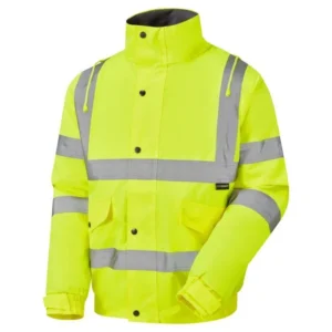 Yellow hi-vis bomber jacket with reflective strips, front view