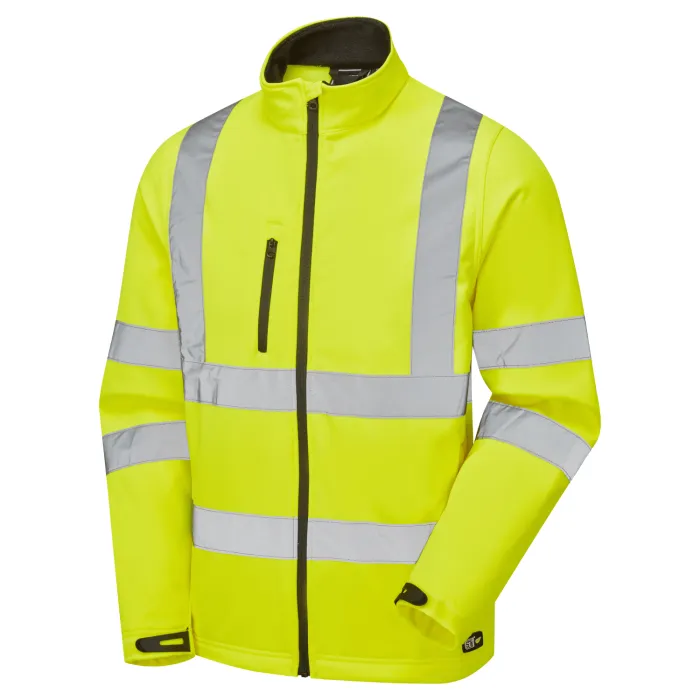 Yellow Hi-Vis Softshell Jacket Yellow hi-vis softshell jacket with reflective bands, front view