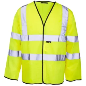 Yellow long-sleeve hi-vis vest with reflective bands, front view