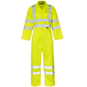 Yellow high visibility coverall with reflective bands, front view