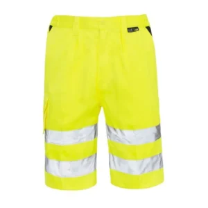 Hi-vis yellow safety shorts with reflective tape strips front view