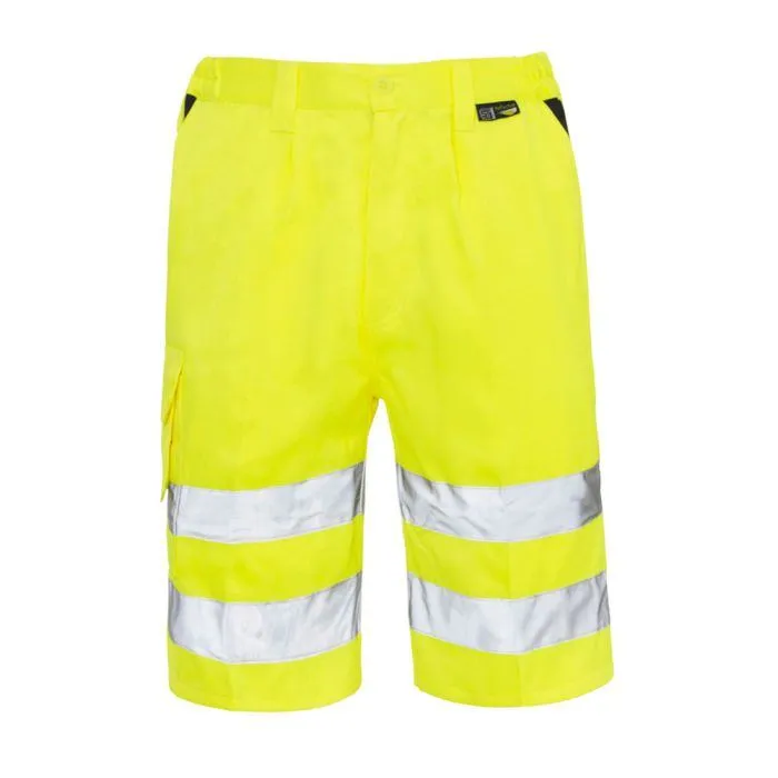 Hi-Vis Safety Shorts Hi-vis yellow safety shorts with reflective tape strips front view