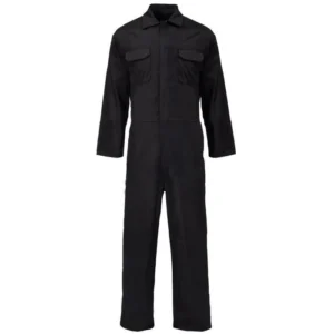 Black zip-front work coverall with chest pockets front view