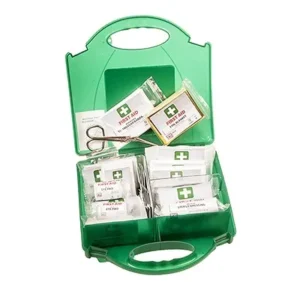 Green hard case FA11 first aid kit open with supplies