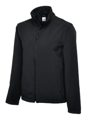 Uneek UC612 black full-zip softshell jacket with stand collar