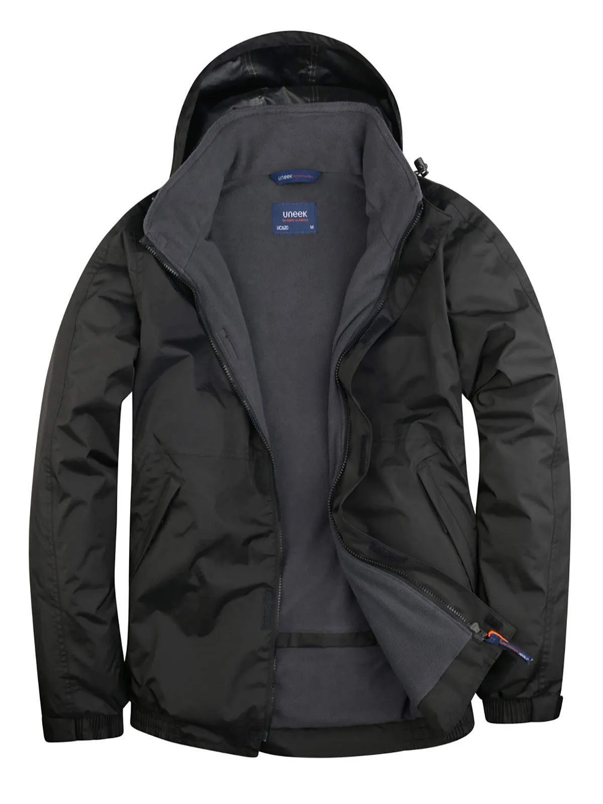UC620 Black Waterproof Jacket Uneek UC620 black waterproof jacket with grey lining, open front view