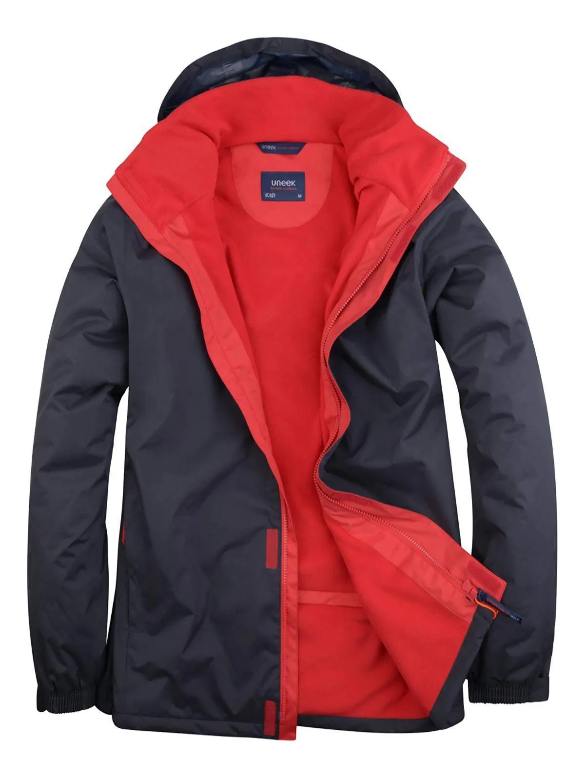 UC621 navy outdoor jacket with red lining and hood