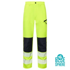 Blue Sphere yellow hi-vis eco CoolAir 4-way stretch trousers front view