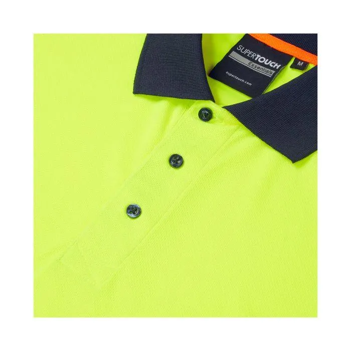 Blue Sphere Essentials hi-vis CoolAir yellow polo shirt collar close-up