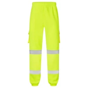 Yellow hi-vis jogging bottoms with reflective bands, front view