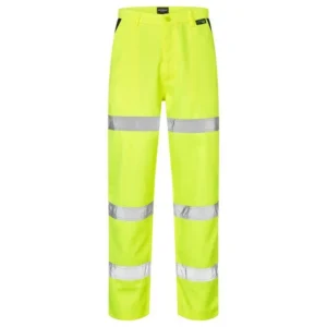 Yellow hi-vis polycotton trousers with three reflective bands front view