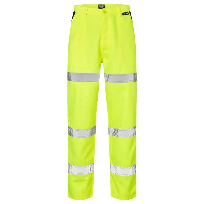Yellow Hi-Vis Polycotton Trousers Yellow hi-vis polycotton trousers with three reflective bands front view