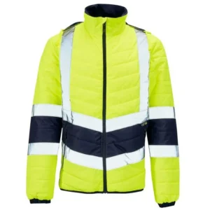 Yellow and navy hi-vis padded safety jacket with reflective tape