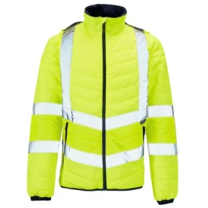 Yellow navy hi-vis quilted jacket with reflective bands, front view