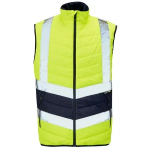 Yellow and navy hi-vis quilted safety vest with reflective tape