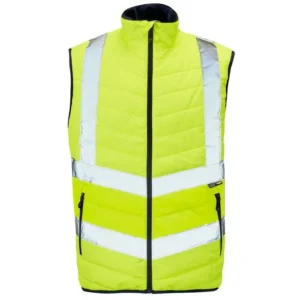Yellow hi-vis quilted vest with reflective strips, front view