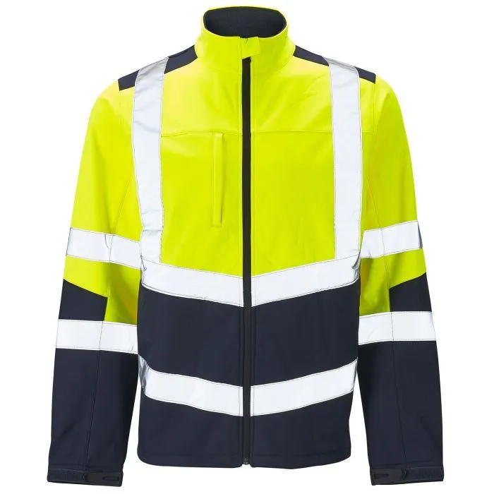 Two-Tone Hi-Vis Softshell Jacket Yellow and navy two-tone hi-vis softshell safety jacket with reflective tape
