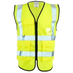 Yellow hi-vis safety vest with multiple pockets and reflective strips