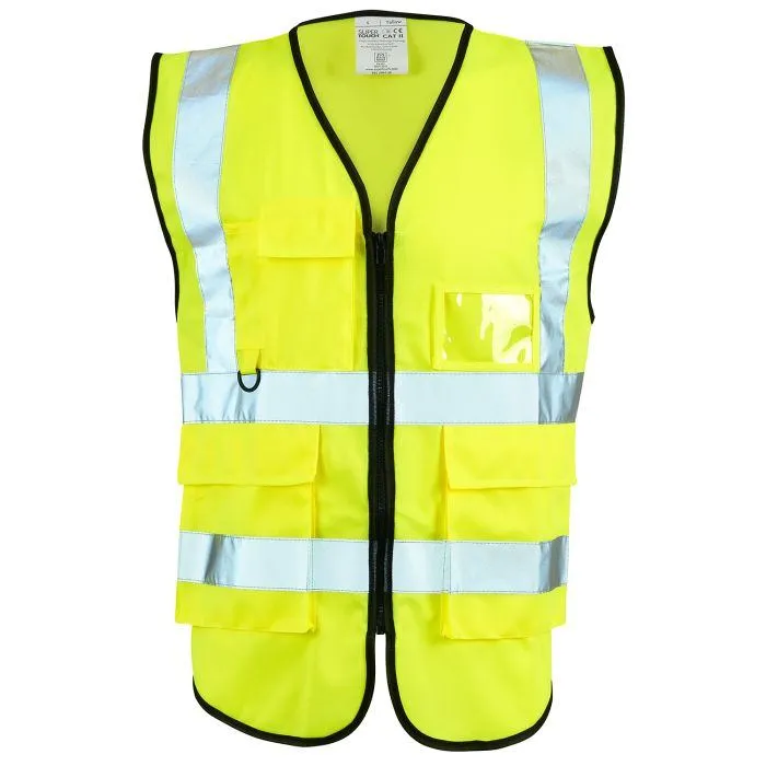 Multi-Pocket Hi-Vis Vest Yellow hi-vis safety vest with multiple pockets and reflective strips