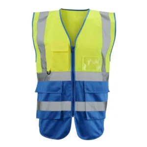 Yellow and blue hi-vis safety vest with zip and pockets