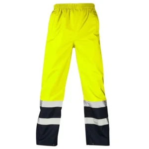 Yellow and navy hi-vis waterproof over trousers with reflective bands