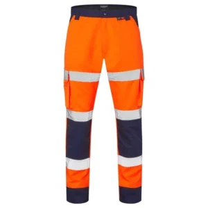 Orange and navy hi-vis 2-tone combat trousers with reflective bands