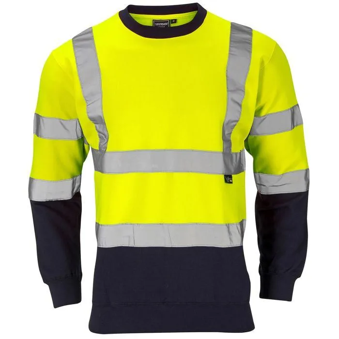 Two-Tone Hi-Vis Sweatshirt Yellow and navy two-tone hi-vis crew neck sweatshirt with reflective tape
